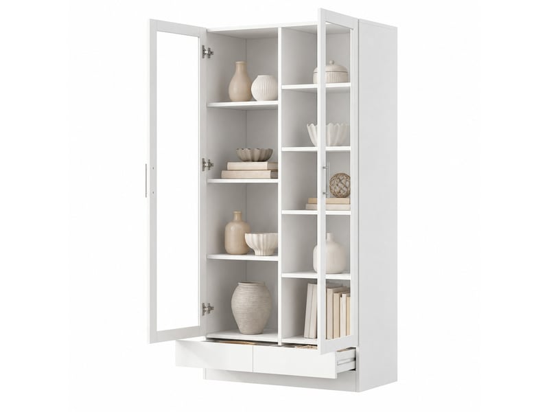  Armoire vitrée de rangement 80 x 40 x 160 cm – blanc – 2 tiroirs push-to-open et rangement modulable  - Conforama A