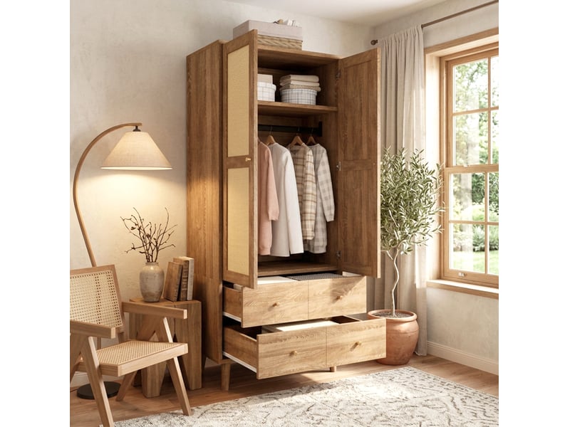  Armoire 80x50x180 cm avec penderie, 2 tiroirs et décor rotin coloris noyer naturel  - Conforama D