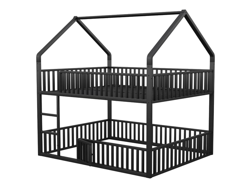 Lit superposé cabane 140 x 200 cm, couchages superposés, structure cabane, escalier, petite porte, pour aménager la chambre, métal, noir ABC - Conforama A