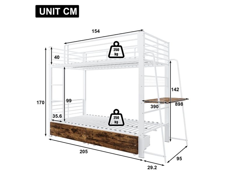  Lit superposé 90x200 cm avec bureau, éclairage led et tiroir de rangement en mdf et métal blanc sans matelas  - Conforama C