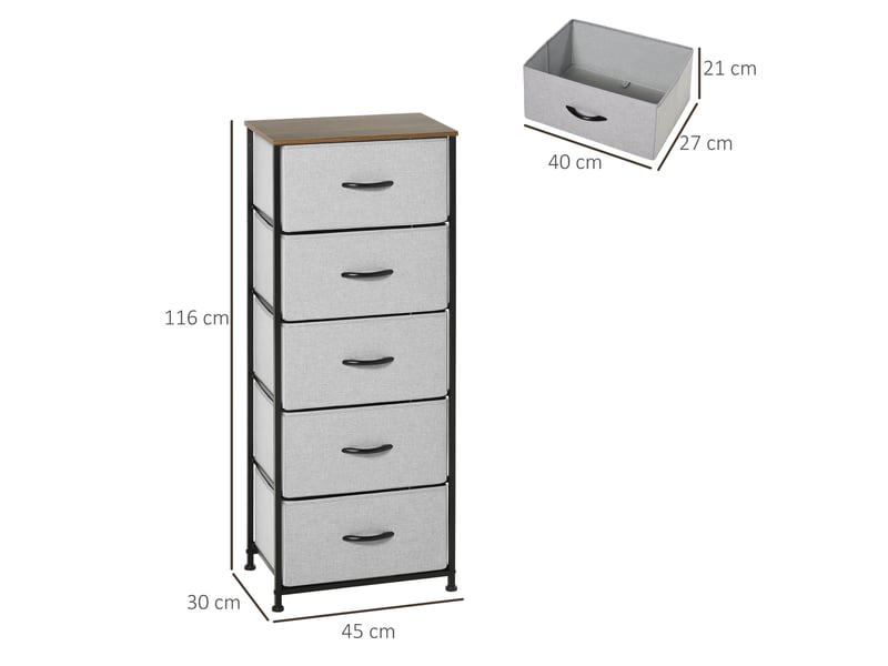  Commode 5 tiroirs meuble de rangement tiroir en tissu pliant - structure acier noir - 45 x 30 x 116 cm gris  - Conforama C