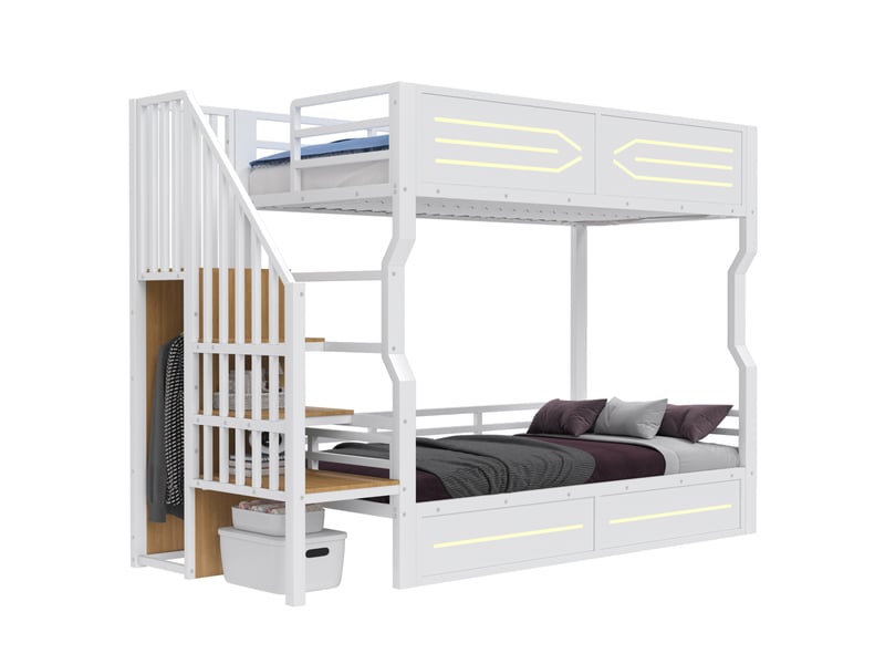  Lit mezzanine 90 × 200 cm avec led, escalier de rangement et garde-corps en mdf et métal blanc  - Conforama A