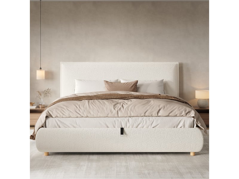  Lit double rembourré 180x200 cm avec rangement hydraulique, sommier à lattes, tête de lit capitonnée, pieds en bois massif, bouclé blanc IKSETERA TRADING LTD - Conforama E