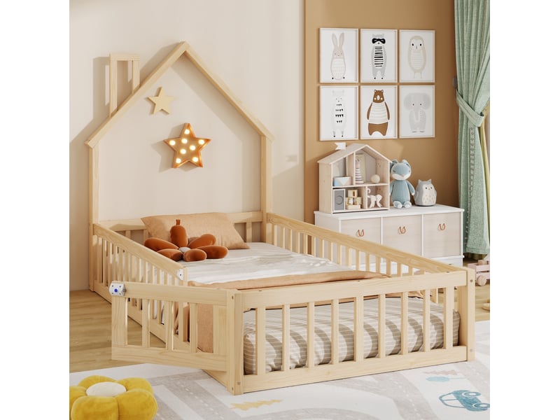  Lit cabane tcqpz avec cheminée 90 x 200 cm en pin et mdf naturel  - Conforama E