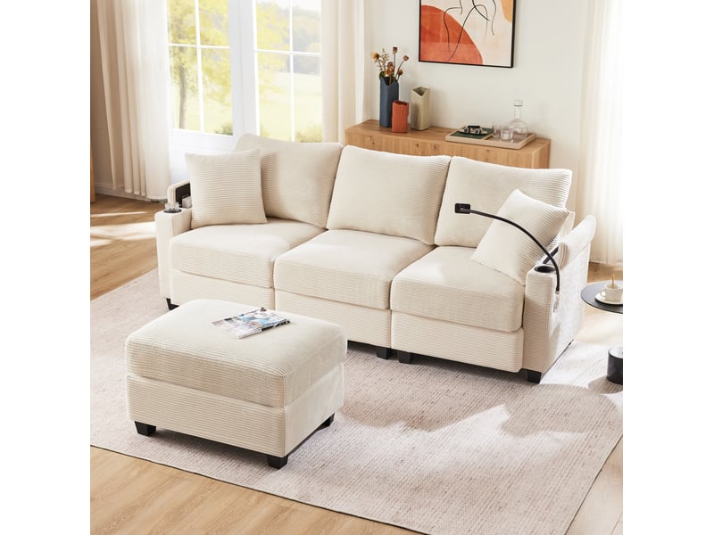  Canapé d'angle réversible modenvie convertible 3 places avec pouf velours côtelé beige 213,5 x 139 x 87 cm  - Conforama E