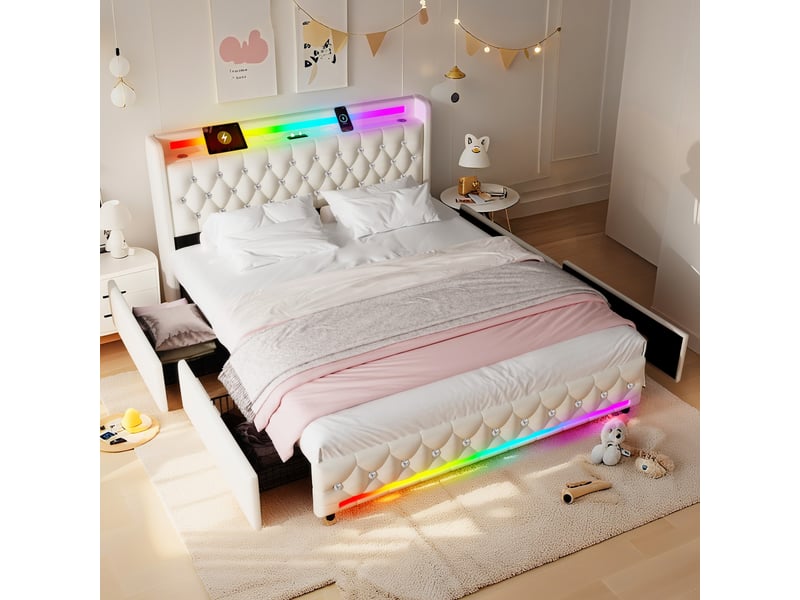  Lit 2 places 140x200 cm beige avec bluetooth, 4 tiroirs, led, ports usb+type-c sans matelas EBD852F-BG - Conforama B