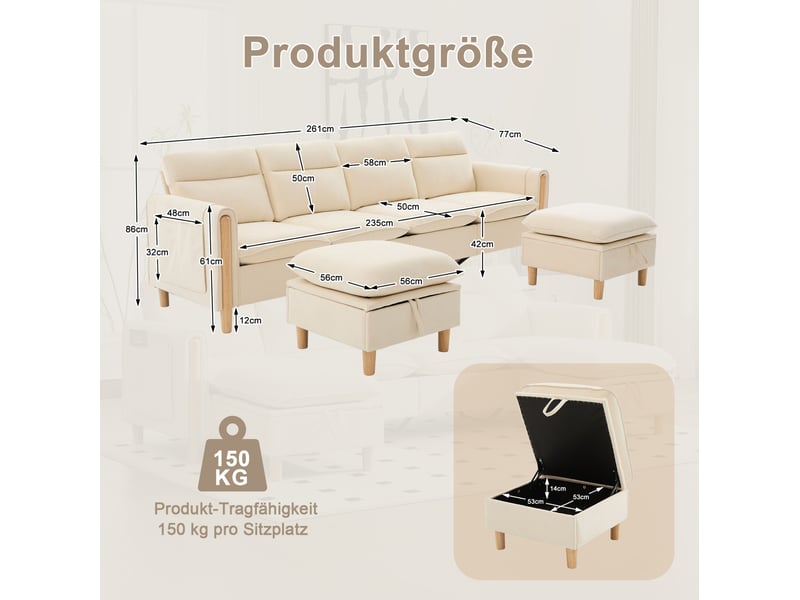 Canapé modulable 4 places en u modenvie avec 2 poufs coffres, tissu chenille beige, 261 x 77 x 86 cm - Conforama C