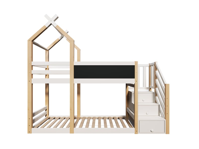  Lit superposé enfant 90x200, lit cabane avec tableau noir et barrière de sécurité, naturel et blanc  - Conforama A