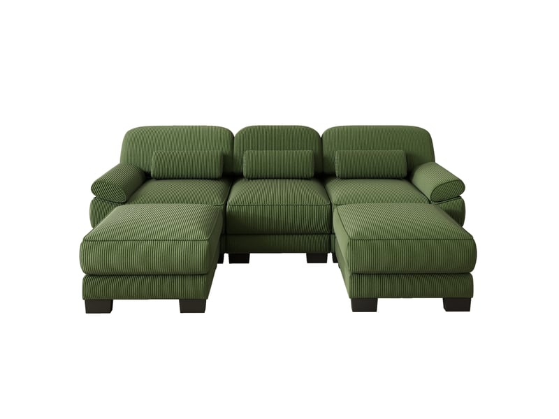  Canapé modulable 3 places 265x161x94 cm avec 2 poufs, assise profonde, coussins d’assise épais, velours côtelé, vert  - Conforama A