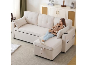 Canapé convertible 3 places beige en tissu aspect lin avec coffre et méridienne réversible