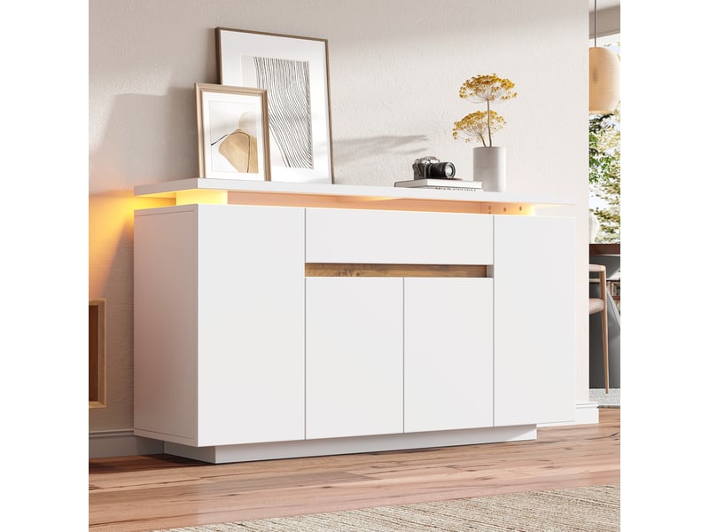  Buffet blanc avec éclairage led, 4 portes et 1 tiroir, étagères réglables, pour salon ou cuisine, 140 x 40 x 80 cm  - Conforama D