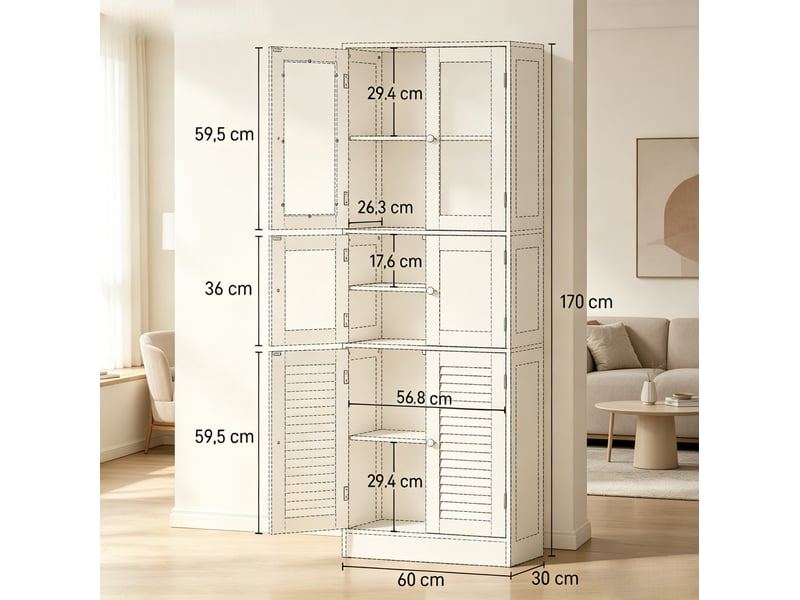 Meuble de salle de bains haut blanc en mdf et verre, 6 portes et rangements réglables pour votre quotidien - Conforama C