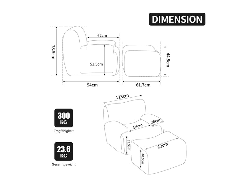  Fauteuil en avec pouf repose-pieds 113x94x78.5cm – rembourrage en mousse haute résilience 30d emballé sous vide – sans montage – chenille - blanc  - Conforama C