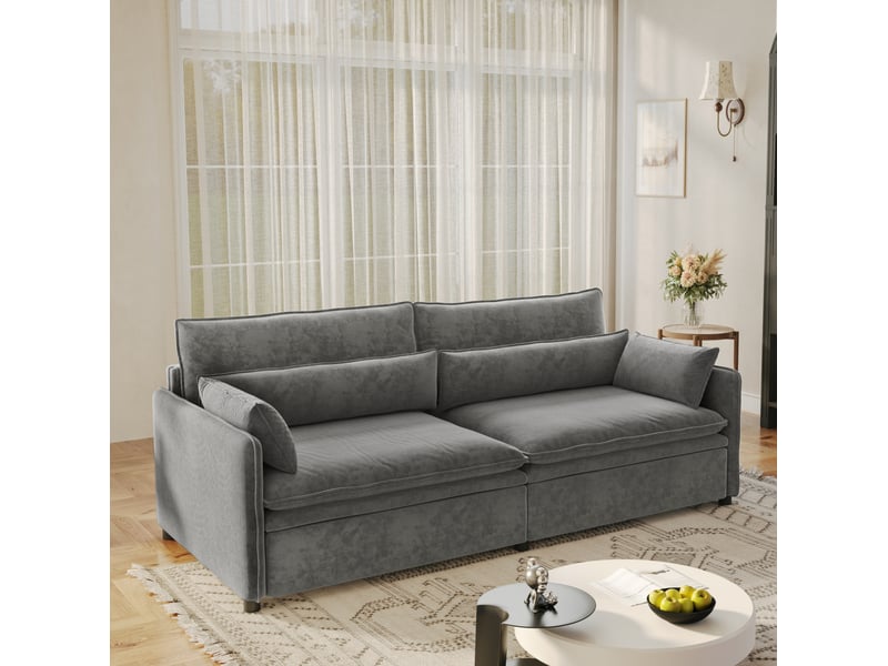 Canapé convertible 3 places avec coffre de rangement, dossier réglable et coussins mobiles en chenille gris clair - Conforama B