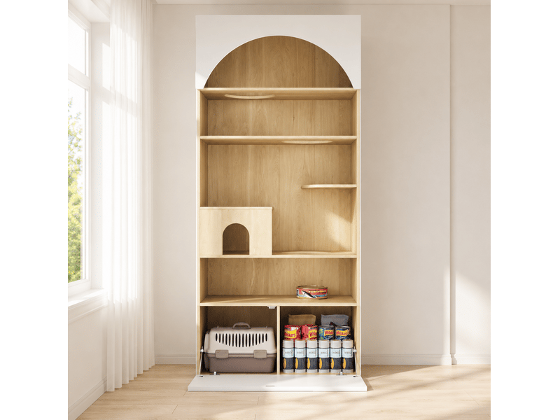  Armoire pour félins 90 x 50 x 202 cm blanche décor bois, panneau de particules, escalade et rangement  - Conforama B