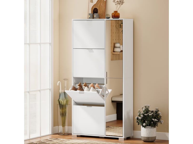  Meuble à chaussures design miroir porte 3 étagères 4 portes blanc  - Conforama D