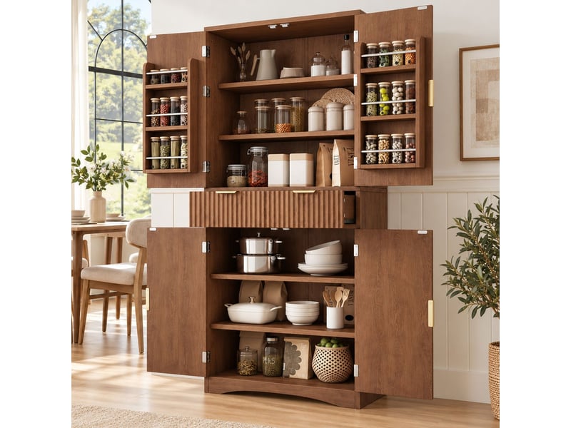  Buffet bahut à portes grillagées rangement à tiroirs et portes finition ton noyer  - Conforama B