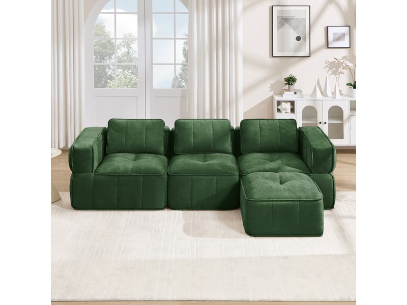  Canapé d'angle modulable 3 places sans cadre avec pouf, en polyester vert  - Conforama B