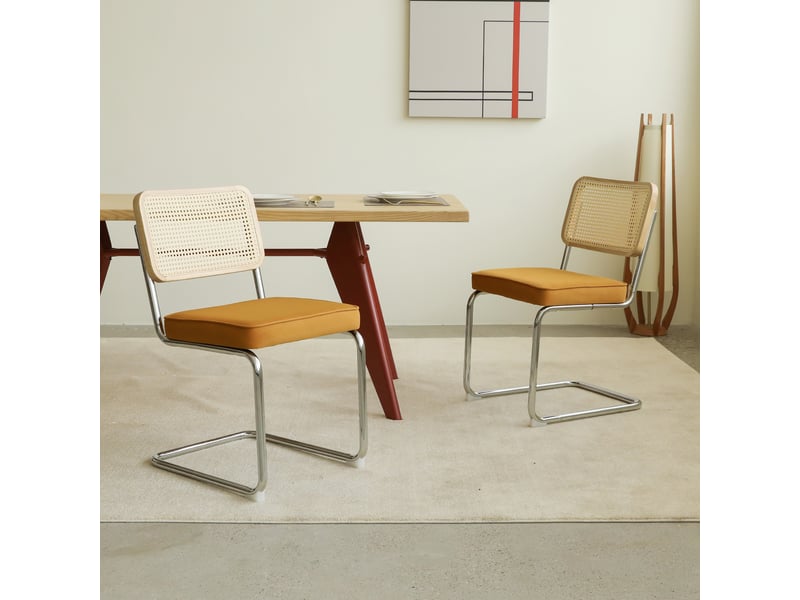  Chaise de salle à manger cantilever empilable avec dossier en rotin et assise en velours, chrome orange  - Conforama B