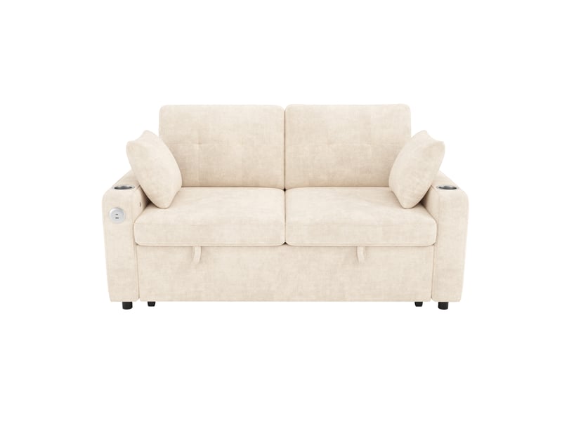  Canapé convertible 2 places avec couchage, led, ports usb et usb-c, rangements et porte-gobelets en chenille beige  - Conforama A