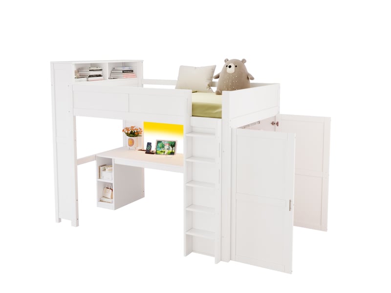  Lit mezzanine 90 × 200 cm 1 place avec bureau, 3 armoires, étagères, usb et led réglable, sans matelas, blanc  - Conforama A