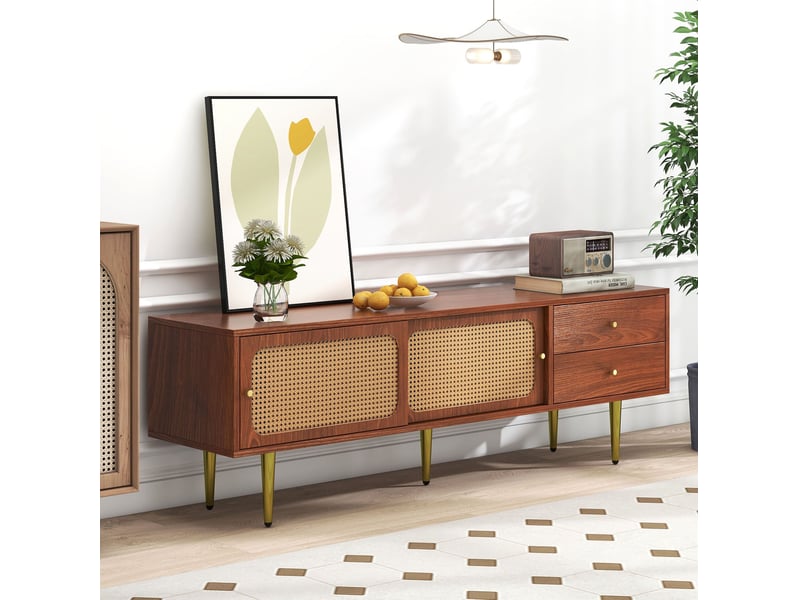  Meuble tv en mdf couleur noyer avec portes coulissantes en rotin synthétique, 160 x 40 x 60 cm  - Conforama C