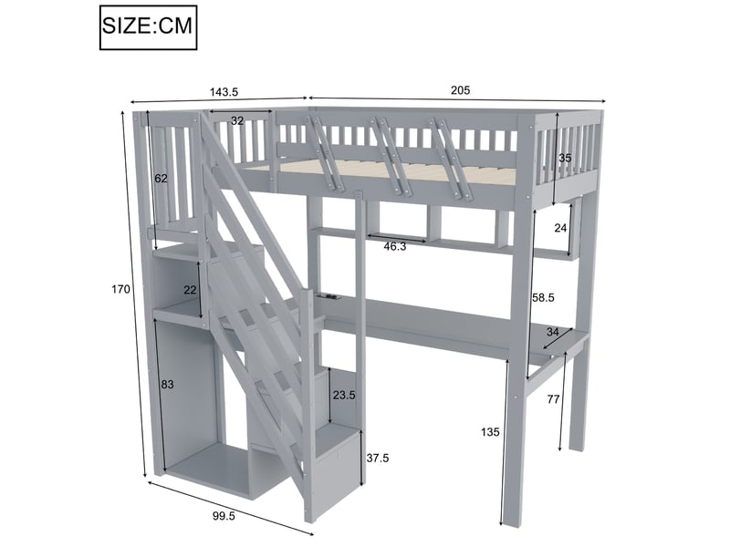 Lit mezzanine enfant 90x200 cm avec bureau, escalier rangement, led et usb gris - Conforama C