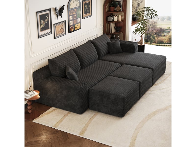  Canapé d’angle modulable 5 places en velours côtelé 241x151 cm, canapé nuage en l à assise profonde avec méridienne, sans montage, noir  - Conforama D