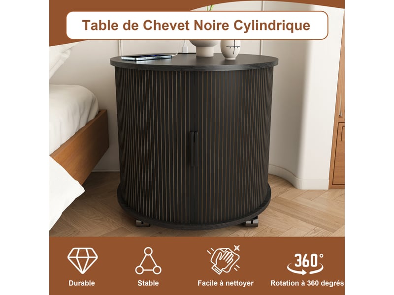  Table de chevet ronde pivotante avec station de charge intégrée, 2 niveaux de rangement et roulettes freinables  - Conforama D