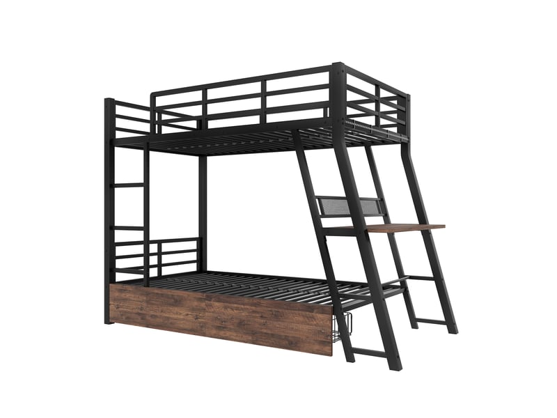  Lit mezzanine 90 x 200 cm, structure en fer, bande led, tiroirs, rambarde, escalier, bureau, noir  - Conforama E