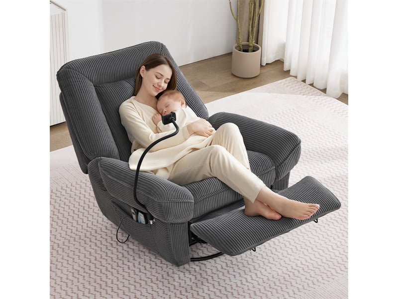  Fauteuil tv relax électrique et massant 104 x 92 x 91 cm – pivotant à 360°, chauffant avec port usb et support téléphone –  velours côtelé - gris  - Conforama B