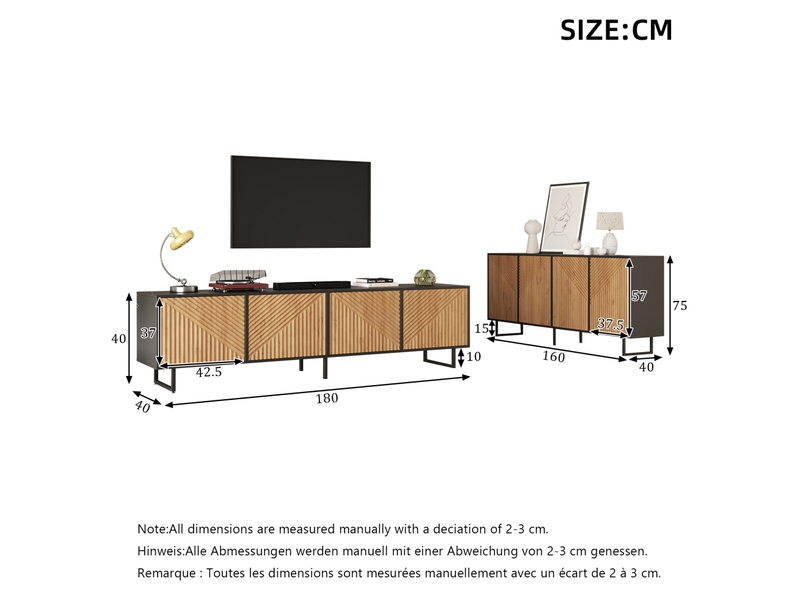  Ensemble meuble tv et buffet 180 x 40 x 50 cm – naturel et noir – 4 portes et rangement pour écran 80 pouces  - Conforama C