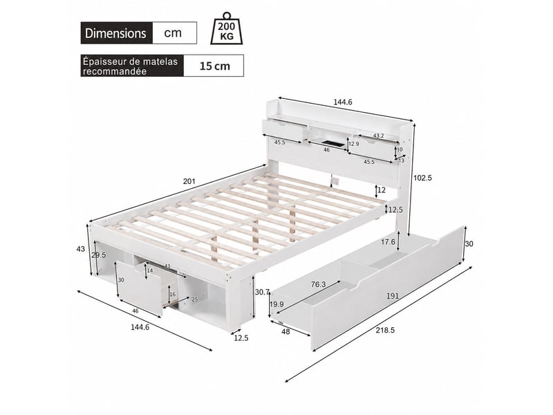  Lit double 140x200 cm, lit 2 places avec port usb et type-c, tiroirs,  espace de rangement ouvert, sans matelas - blanc  - Conforama C