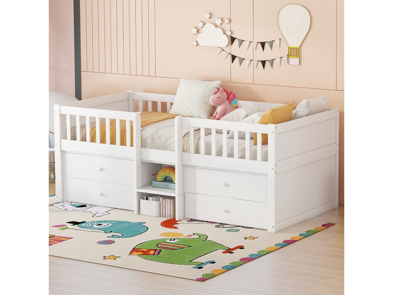  Lit enfant mi-hauteur 90 x 200 cm avec 4 tiroirs, échelle et barrières, blanc  - Conforama E