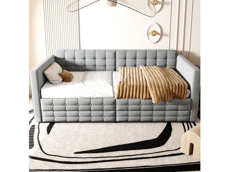  Lit banquette, 90x190 cm, pour chambre, avec 2 tiroirs, clair, matelas non inclus, mdf et métal et bois, coloris gris  - Conforama D