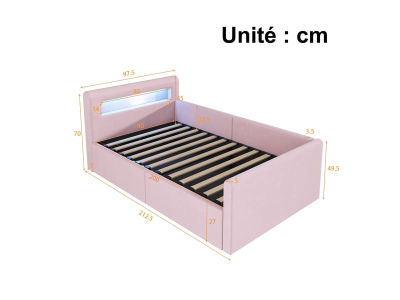  Lit enfant simple 90x200 cm en velours avec coffre, led, usb et dossier réversible, rose  - Conforama D
