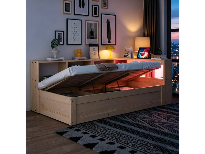  Lit banquette 90x200 cm multifonction en bois massif avec prise européenne, rangements multiples, led multicolore et coffre hydraulique, naturel  - Conforama D