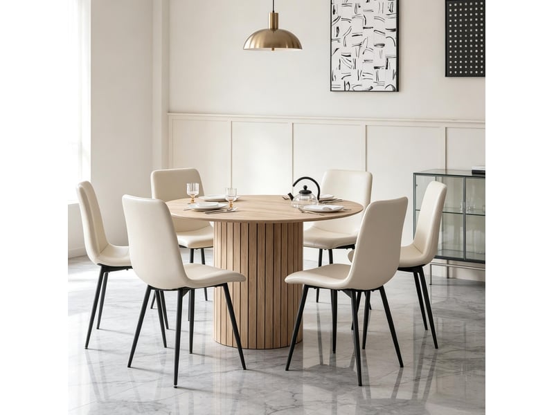 Table à manger ronde en bois clair 120 cm, 4 à 6 places, piètement cylindrique, style moderne et minimaliste - Conforama E