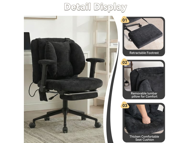  Chaise de bureau gaming pivotante en tissu noir, hauteur réglable avec repose-pieds, accoudoirs et roulettes  - Conforama D