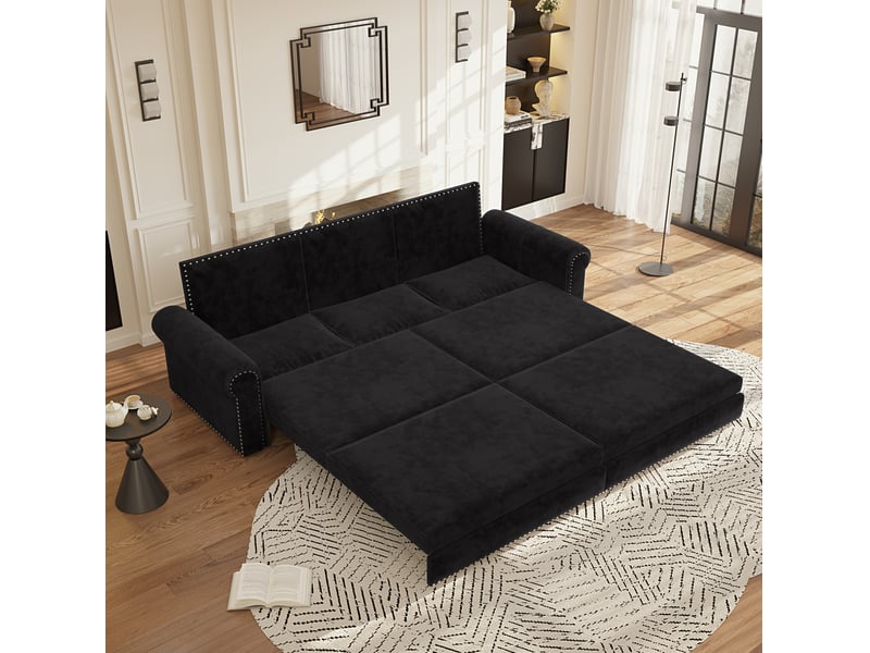 Canapé droit convertible 3 places en velours noir, 238 cm, style classique avec accoudoirs arrondis - Conforama B