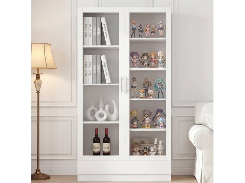  Armoire vitrée de rangement 80x40x160 cm, 2 tiroirs ouverture par pression, anti-basculement, mdf verre, blanc  - Conforama E