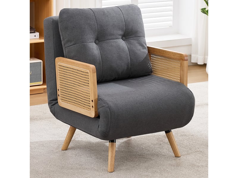 Fauteuil convertible 3 en 1 gris effet lin avec dossier 5 positions et accoudoirs en rotin - Conforama B