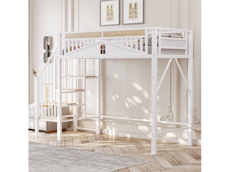 Lit mezzanine enfant 90x200 cm en métal blanc avec échelle sécurisée - Conforama B