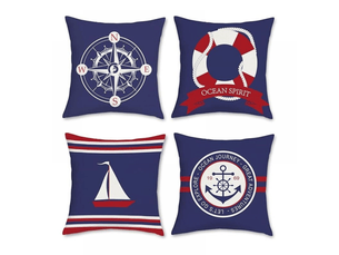 Lot de 4 housse de coussin 45 x 45 cm nautique ancre boussole voilier bleu et rouge polyester lin décoratif taie d'oreiller pour canapé lits chaises v