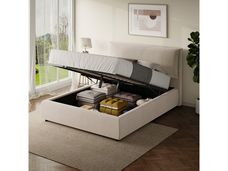  Lit avec coffre de rangement 140x190cm en velours côtelé beige fresno  - Conforama E