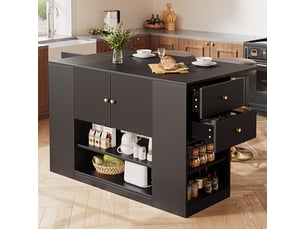 Îlot de cuisine noir 140 cm avec plateau rabattable, meuble de cuisine avec tiroirs et étagères, buffet en mdf pour salle à manger