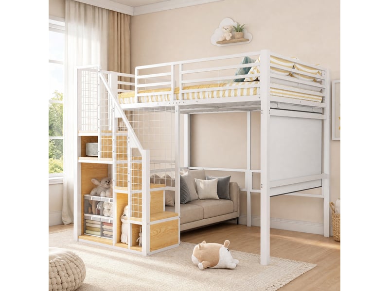Lit mezzanine enfant 140×200 cm avec rangement, penderie et escalier - sans matelas, métal blanc - Conforama C