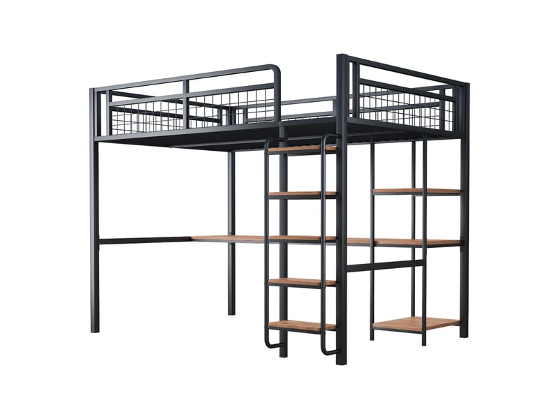Lit mezzanine 140 x 200 cm, échelle sécurisée, table intégrée, meuble gain de place, design moderne et fonctionnel, métal, noir evarich - Conforama D