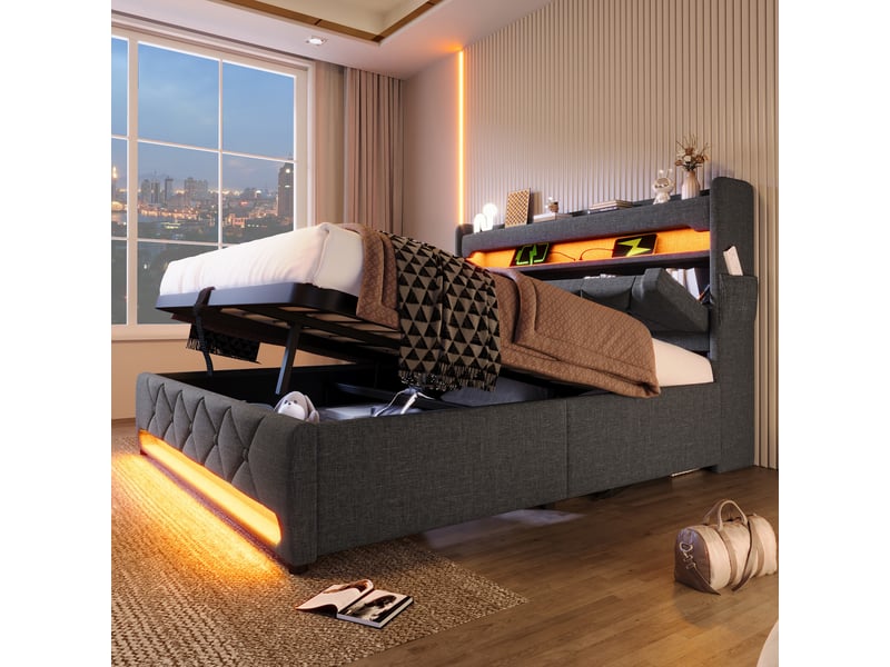  Lit coffre double 160×200 cm avec led, usb, type-c et rangement - okmyhome- gris, matelas inclus  - Conforama C
