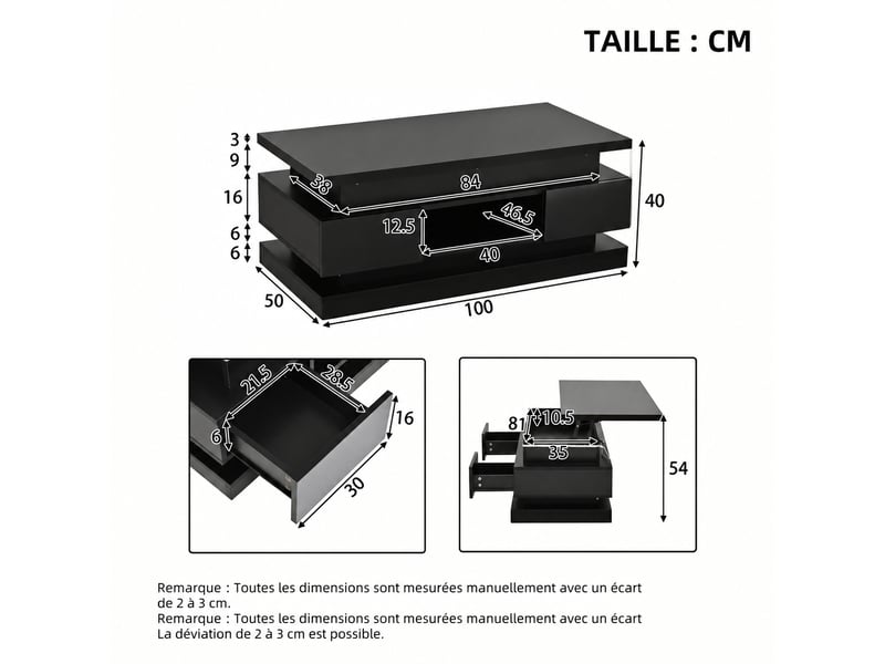 Table basse relevable 100 x 50 cm, 2 tiroirs, rangement caché et éclairage led, noir - Conforama E